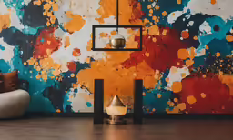 a large abstractly painted wall behind a chair