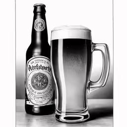 black and white photograph of beer in front of a glass