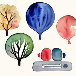 a watercolor painting of different trees and balloons,a watercolor of a sky, trees and other things