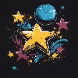 a star and three balls on a black background