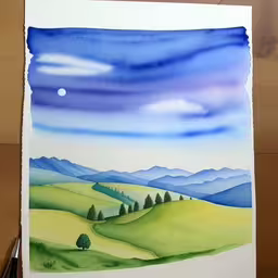 painting with watercolor paper showing the green countryside on a sunny day,an art print featuring an oil painting of green fields, mountains, and a full moon