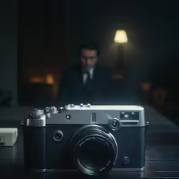 a man looks through the lens of a digital camera