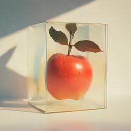 a glass cube with a red apple inside of it