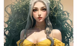a woman with gray hair standing in front of bushes