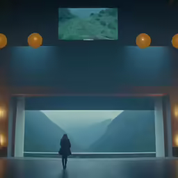 a woman walking up stairs in a building under lots of lights