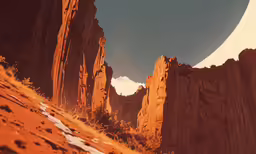 an alien landscape that has rock formations and stars in the sky