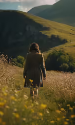 a woman walking through a grassy meadow