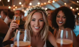 a woman sitting next to another woman holding a glass