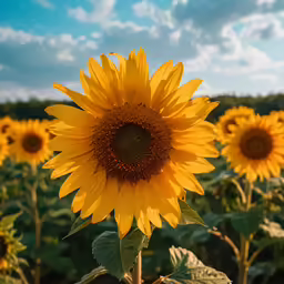 large sunflowers stand alone in a field with sky