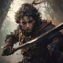 a man holding two large swords near trees