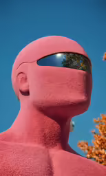 a statue that has mirrored eyes and is covered with pink material