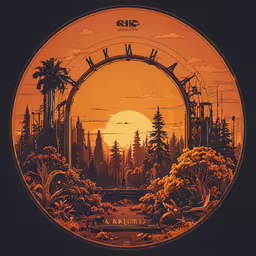 an advertisement featuring the sunset and a person in the middle,the sun sets behind a circular structure that looks like a forest