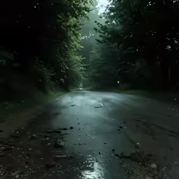 an open road at night with some light coming through the trees