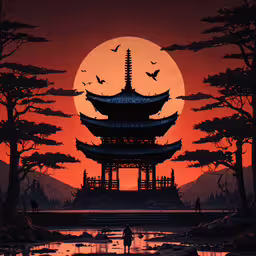 a large building with birds flying near it during the day,a chinese pagoda in the foreground with the full moon behind it