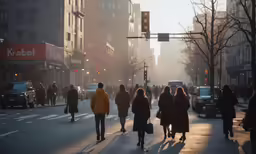 the sun casts a beautiful light on this street as pedestrians cross the road