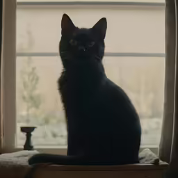 a black cat sitting in front of a window