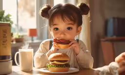 little girl eating hamburger while sitting at table