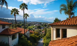 a brown tile roof with palm trees and white buildings