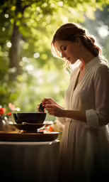 a woman in white standing near a table in the sunlight