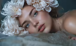 the girl with flowers in her hair is laying on a bed