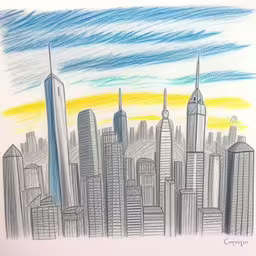this drawing depicts a cityscape and the sun, with buildings in the background,a drawing of a city is shown with a blue sky