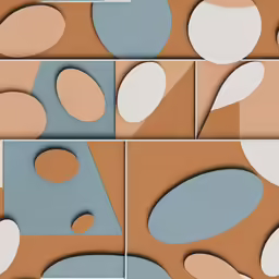 abstract shapes of beige and blue are featured
