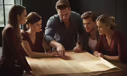 three young adults and two women gather around a wooden board