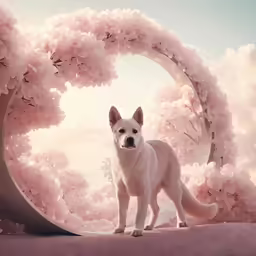 an adorable dog poses for a photo with pink flowers