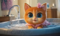 a little orange kitten wearing a pink dress