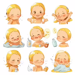 a baby is sitting down, eating a bottle of milk and crying