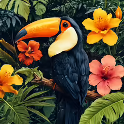 a painting of a colorful bird sitting on a branch with flowers around it