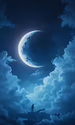 a man standing under the moon in the sky