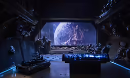 a dimly lit room with a star destroyer and a planet