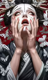 an oriental woman covers her face with her hands