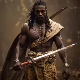 a man dressed in an ancient style costume holding two large spears