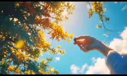 a hand is pointing towards a tree in a park