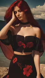a woman with long hair and red hair wearing black dress, with a flowered design