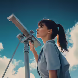 the woman looks up at the sky and is touching the telescope