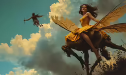 a woman sitting on top of a horse near an elephant flying
