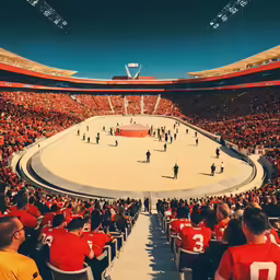 an empty football stadium with a few people