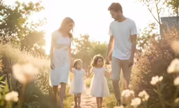 a man, woman and child are walking through tall grass