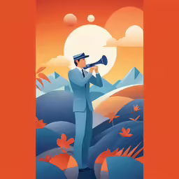 the man is playing the trumpet in front of the sunset
