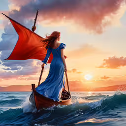a woman in blue gown on a red boat,a young woman in a blue dress in the ocean sailing a boat at sunset