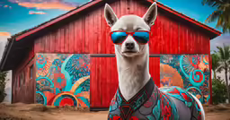 the dog is wearing a sweater and sunglasses