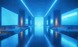 a blurry photo of a large blue hallway