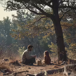 a father and daughter sitting on the ground under a tree