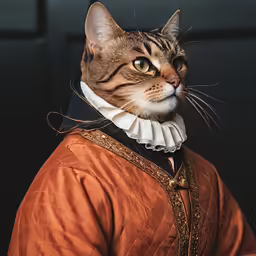 a brown and black cat dressed in an orange shirt
