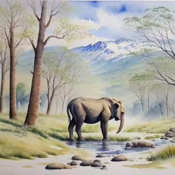 the elephant is standing in the grass near some water