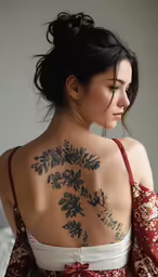 a woman in a white top has a flower tattoo on her upper back