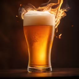 a glass of fire breathing beer sits on a wooden table